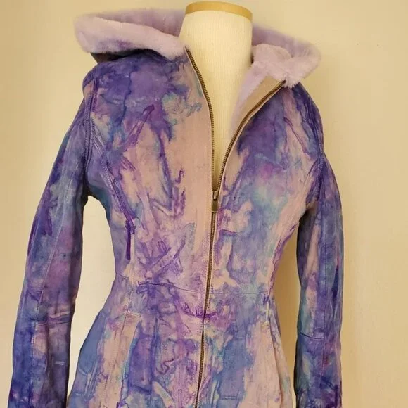 Suede leather tie dye jacket shearling boho Coat gray white pink purple blue med